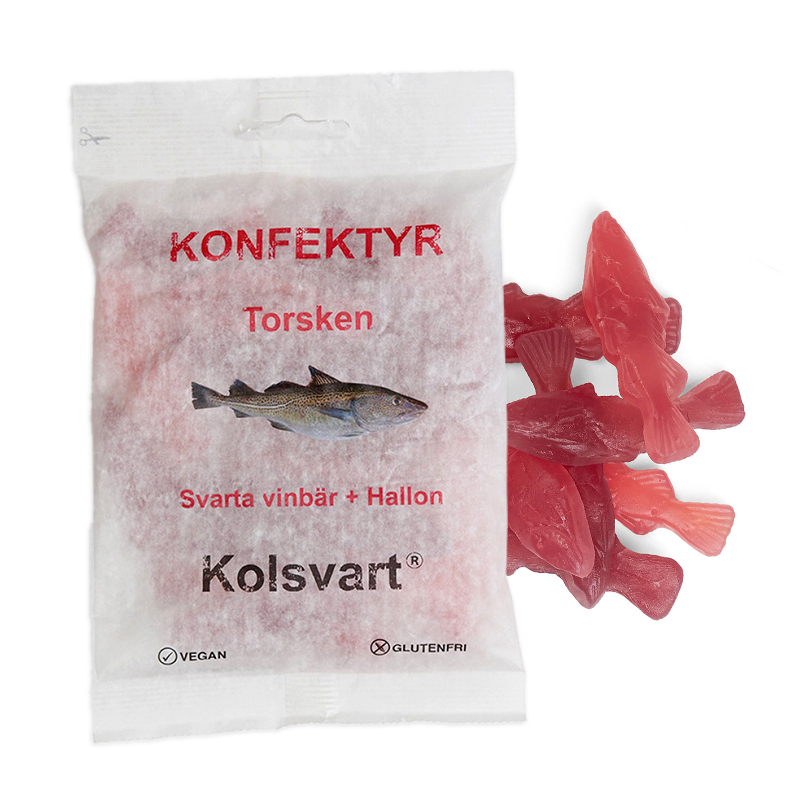 Kolsvarte Torsk Vingummifisk med Solbær & Hindbær